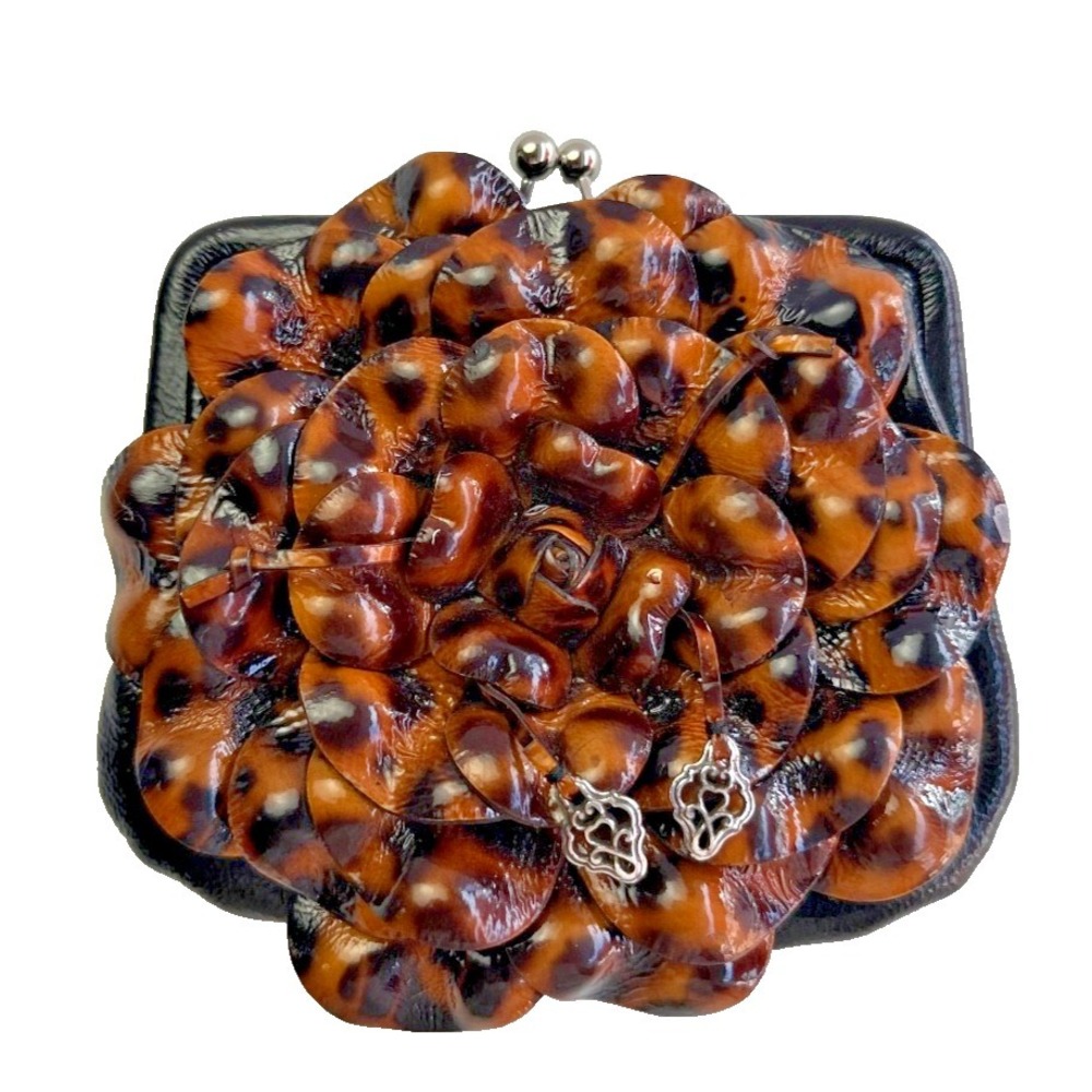 Brighton‎ Roselie Shine Mini Crossbody Black Brown Patent Floral Kisslock Bag